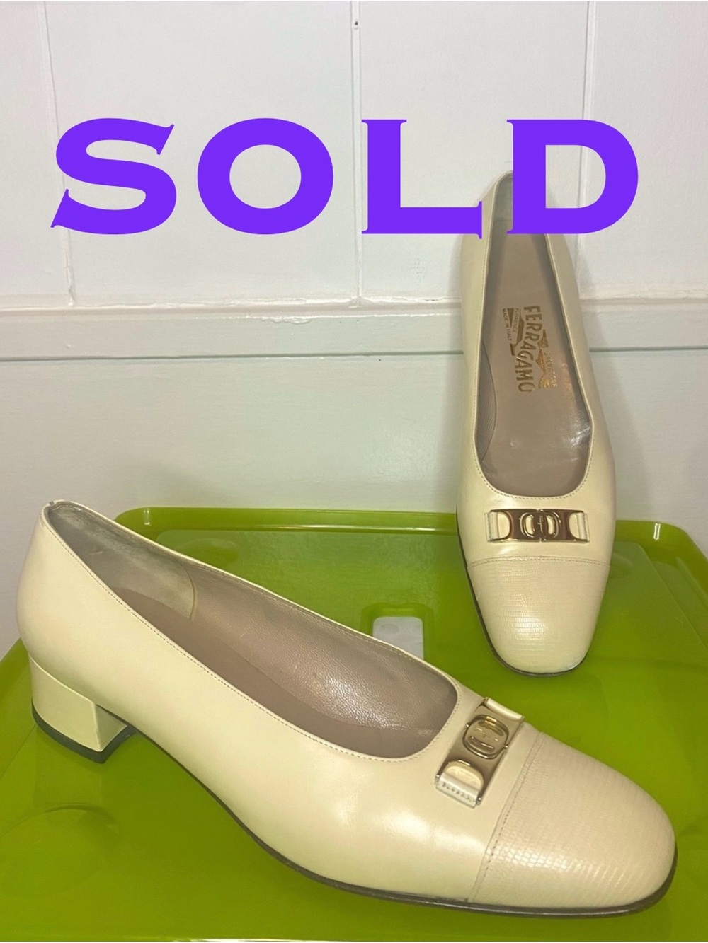 Salvatore Ferragamo Cream Leather Mid Block Heel Pumps